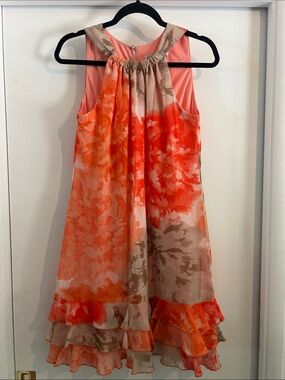 Madison Leigh Abstract Coral and Tan Watercolor Ruffle Dress Size 6